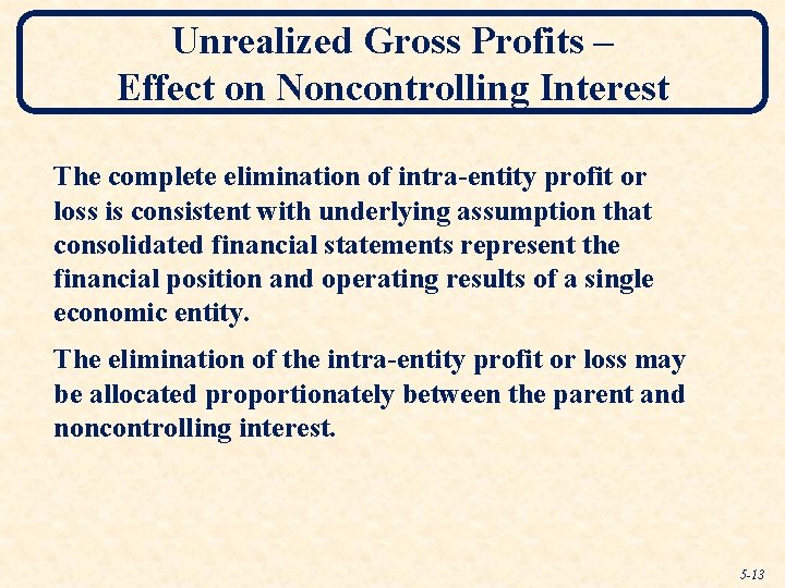Unrealized Gross Profits – Effect on Noncontrolling Interest The complete elimination of intra-entity profit
