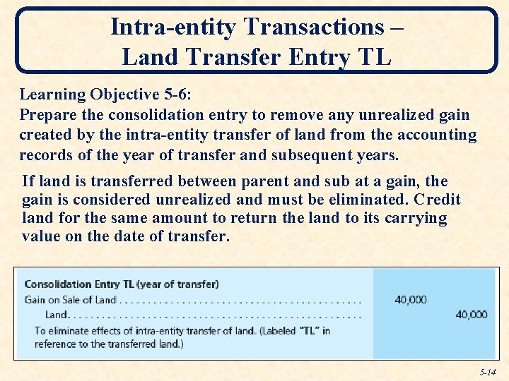 Intra-entity Transactions – Land Transfer Entry TL Learning Objective 5 -6: Prepare the consolidation