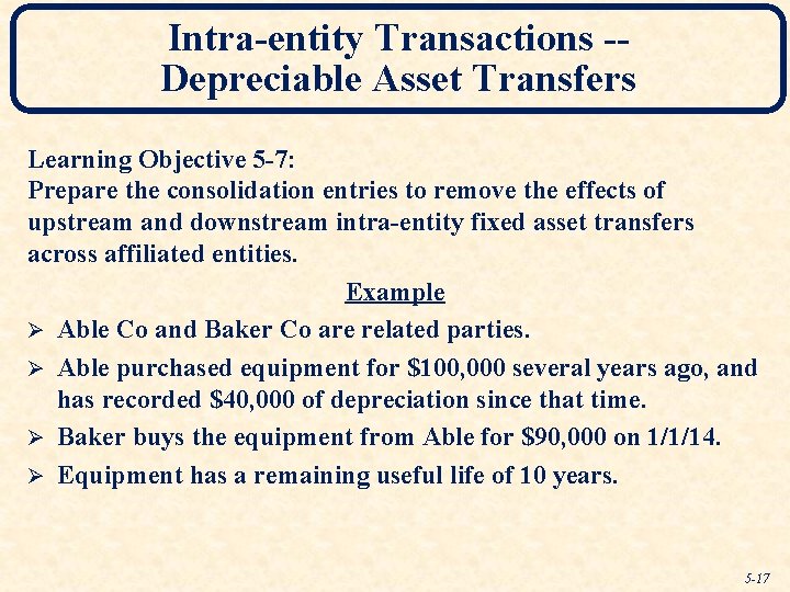 Intra-entity Transactions -Depreciable Asset Transfers Learning Objective 5 -7: Prepare the consolidation entries to
