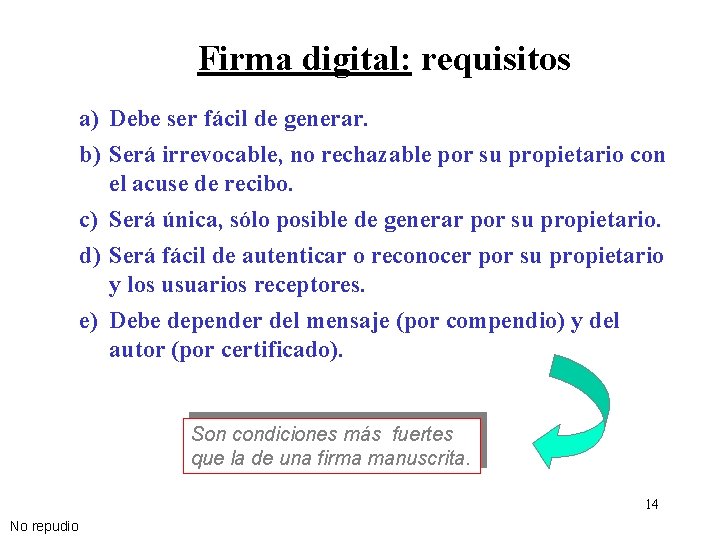 Firma digital: requisitos a) Debe ser fácil de generar. b) Será irrevocable, no rechazable