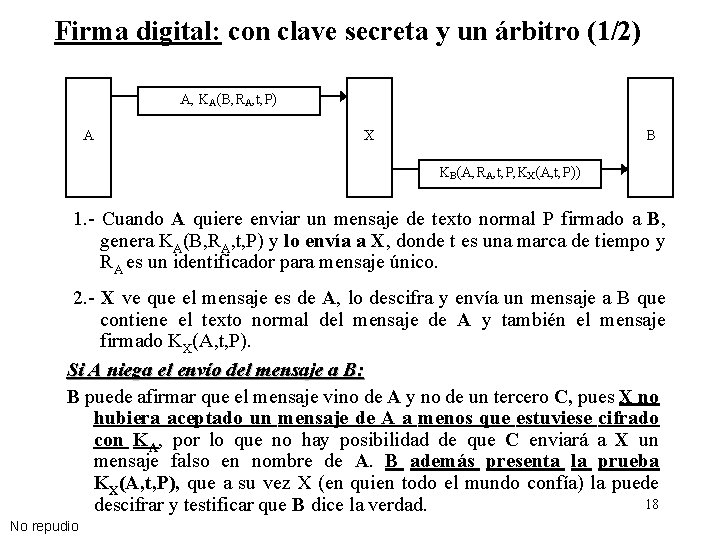 Firma digital: con clave secreta y un árbitro (1/2) A, KA(B, RA, t, P)