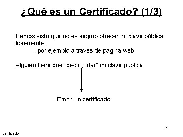 ¿Qué es un Certificado? (1/3) Hemos visto que no es seguro ofrecer mi clave
