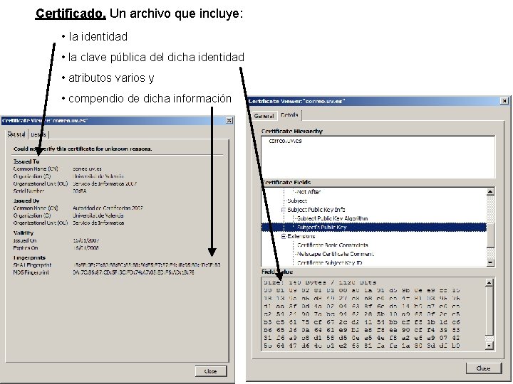 Certificado. Un archivo que incluye: • la identidad • la clave pública del dicha