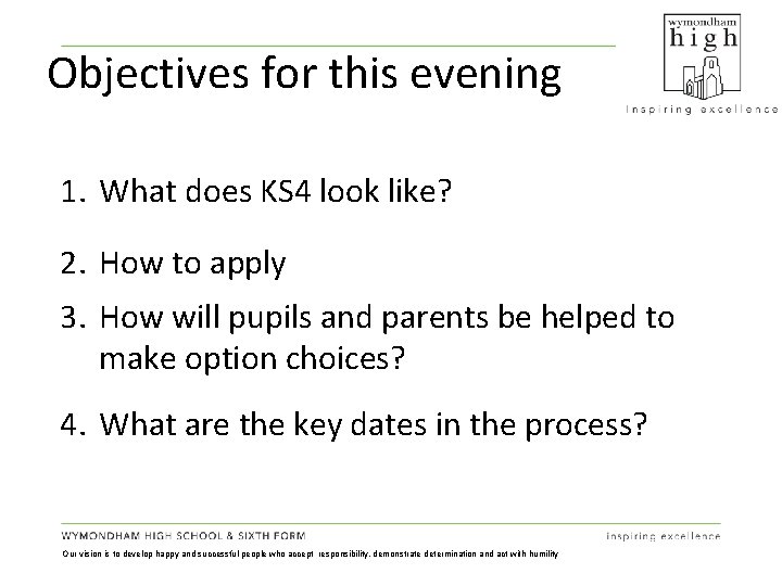 Objectives for this evening 1. What does KS 4 look like? 2. How to