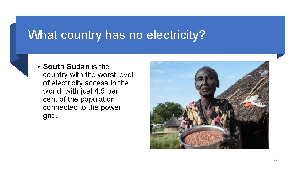What country has no electricity? • South Sudan is the country with the worst