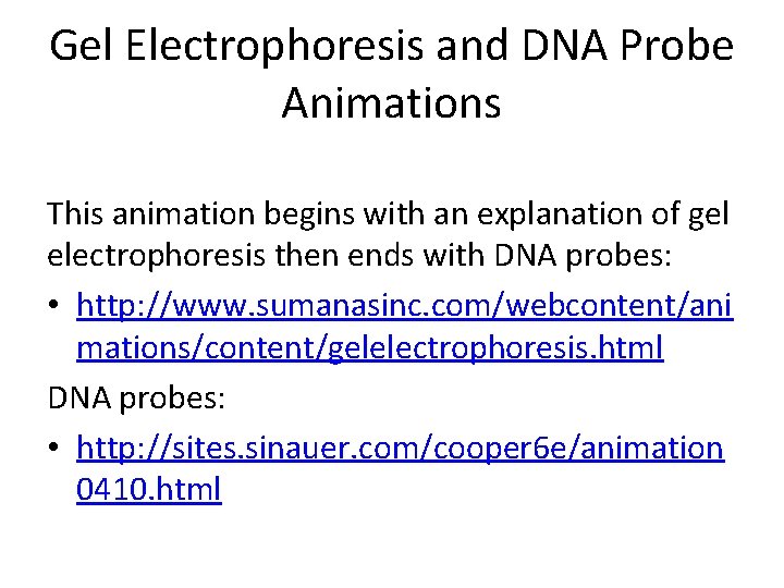 Gel Electrophoresis and DNA Probe Animations This animation begins with an explanation of gel