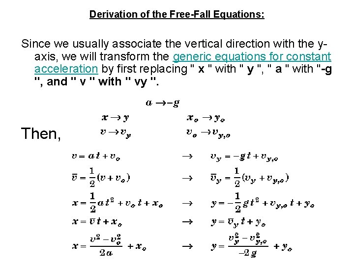 Derivation of the Free-Fall Equations: Since we usually associate the vertical direction with the