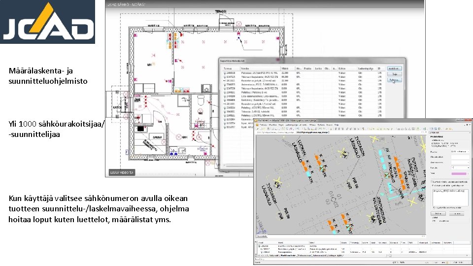 Määrälaskenta- ja suunnitteluohjelmisto Yli 1000 sähköurakoitsijaa/ -suunnittelijaa Kun käyttäjä valitsee sähkönumeron avulla oikean tuotteen