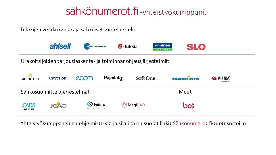 -yhteistyökumppanit Tukkujen verkkokaupat ja sähköiset tuoteluettelot Urakoitsijoiden tarjouslaskenta- ja toiminnanohjausjärjestelmät Sähkösuunnittelujärjestelmät Muut Yhteistyökumppaneiden ohjelmistoista