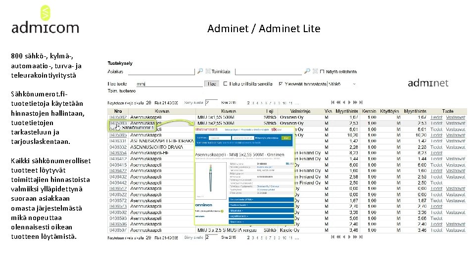 Adminet / Adminet Lite 800 sähkö-, kylmä-, automaatio-, turva- ja teleurakointiyritystä Sähkönumerot. fituotetietoja käytetään