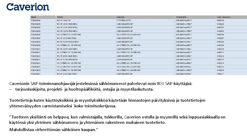 Caverionin SAP-toiminnanohjausjärjestelmässä sähkönumerot palvelevat noin 800 SAP-käyttäjää: - tarjouslaskijoita, projekti- ja huoltopäälliköitä, ostajia ja