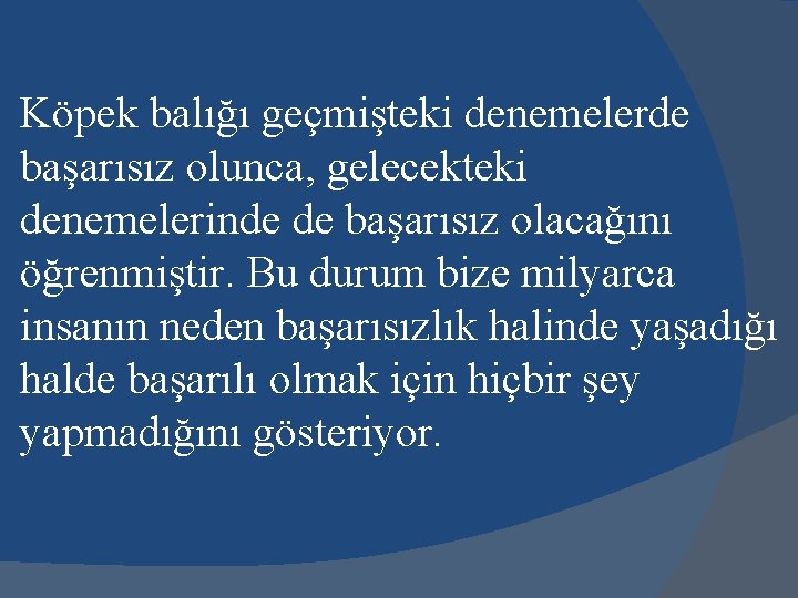 Köpek balığı geçmişteki denemelerde başarısız olunca, gelecekteki denemelerinde de başarısız olacağını öğrenmiştir. Bu durum