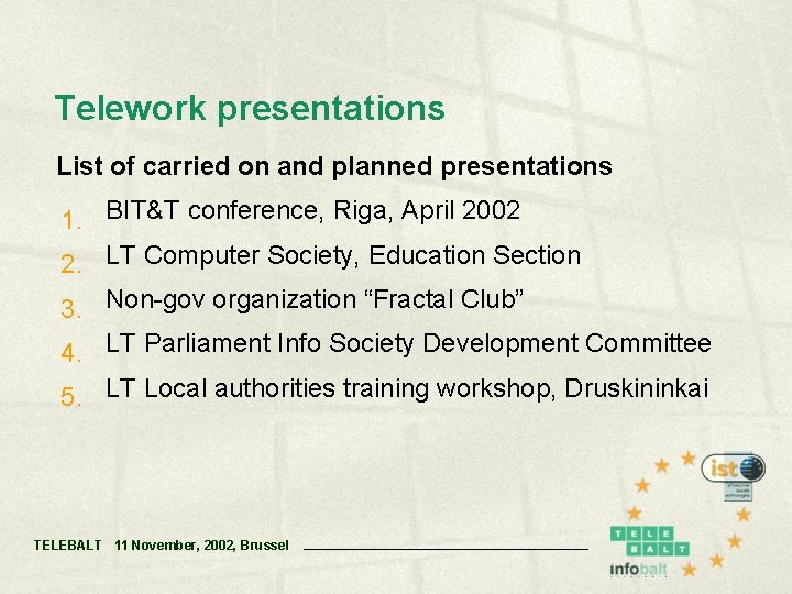 Telework presentations List of carried on and planned presentations 1. BIT&T conference, Riga, April