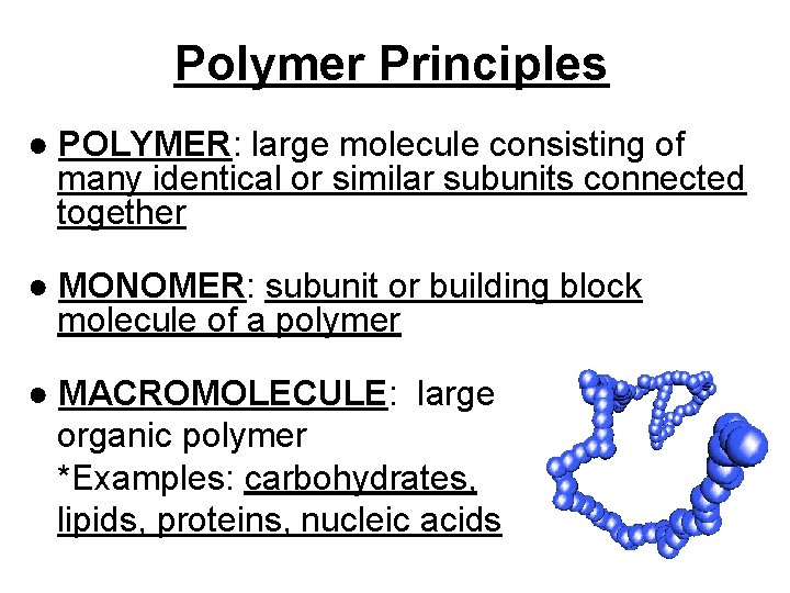 Polymer Principles ● POLYMER: large molecule consisting of many identical or similar subunits connected