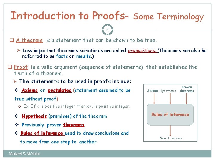 Introduction to Proofs- Some Terminology 17 q A theorem is a statement that can