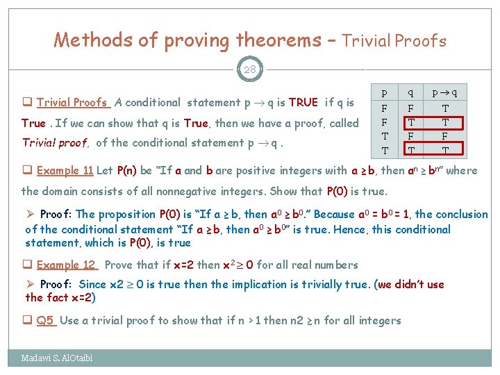 Methods of proving theorems – Trivial Proofs 28 q Trivial Proofs A conditional statement