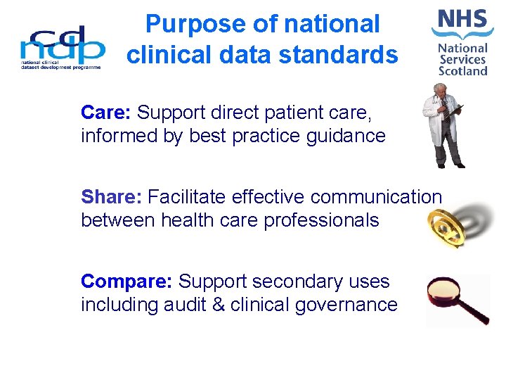 Purpose of national clinical data standards Care: Support direct patient care, informed by best