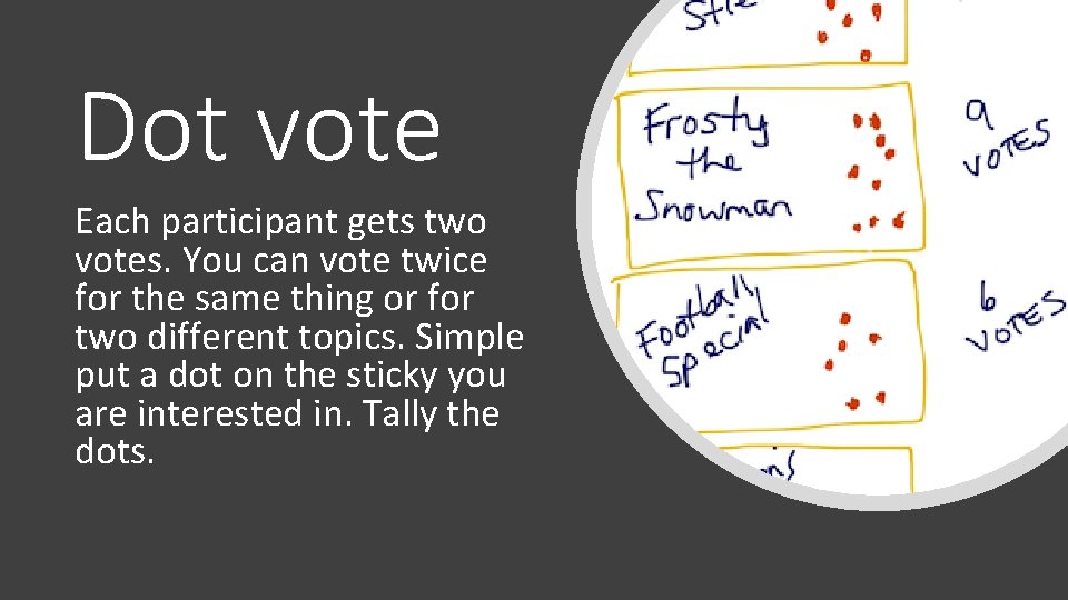 Dot vote Each participant gets two votes. You can vote twice for the same