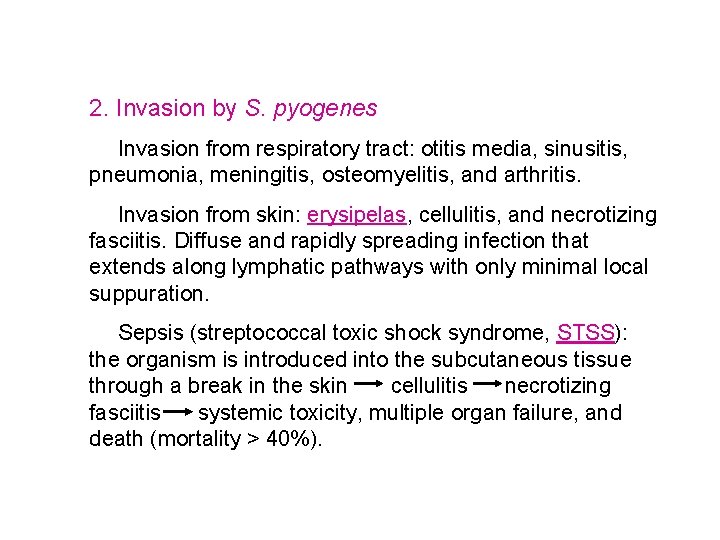 2. Invasion by S. pyogenes Invasion from respiratory tract: otitis media, sinusitis, pneumonia, meningitis,