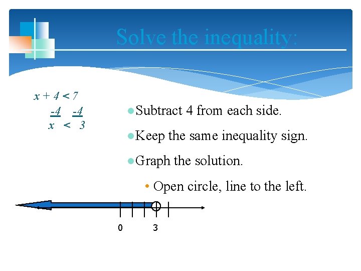 Solve the inequality: x+4<7 -4 -4 x < 3 ●Subtract 4 from each side.