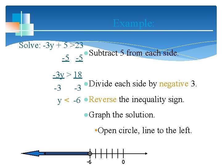 Example: Solve: -3 y + 5 >23 ●Subtract 5 from each side. -5 -5