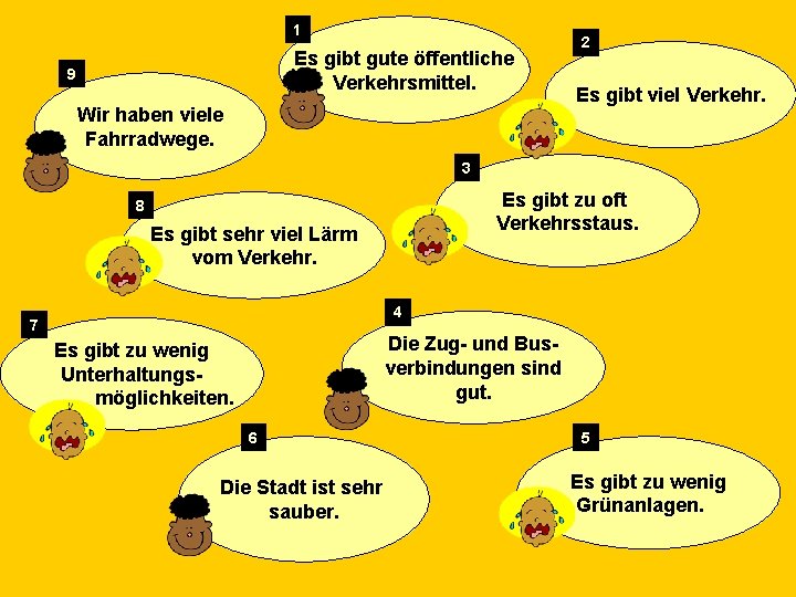 1 Es gibt gute öffentliche Verkehrsmittel. 9 Wir haben viele Fahrradwege. 2 Es gibt