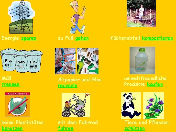 Energie sparen Plas- Resttik müll zu Fuß gehen Küchenabfall kompostieren Biomüll Müll trennen Altpapier