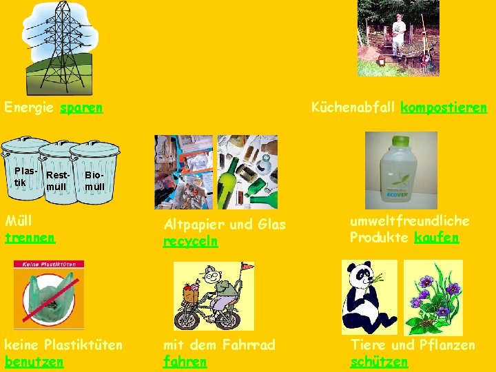 Energie sparen Plas- Resttik müll Küchenabfall kompostieren Biomüll Müll trennen Altpapier und Glas recyceln