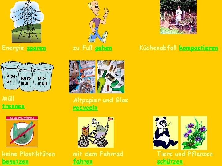 Energie sparen Plas- Resttik müll zu Fuß gehen Küchenabfall kompostieren Biomüll Müll trennen Altpapier