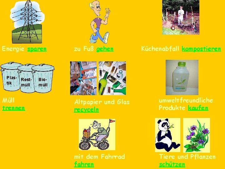 Energie sparen Plas- Resttik müll Müll trennen zu Fuß gehen Küchenabfall kompostieren Biomüll Altpapier