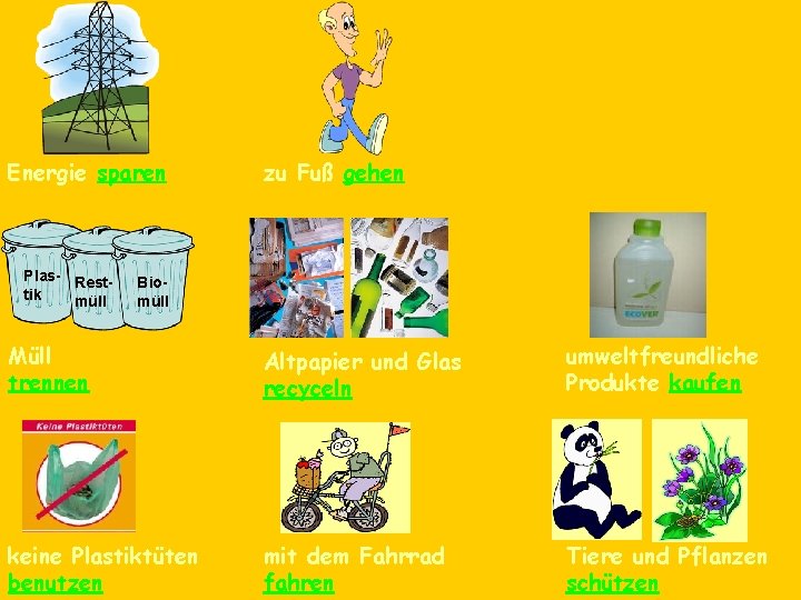 Energie sparen Plas- Resttik müll zu Fuß gehen Biomüll Müll trennen Altpapier und Glas