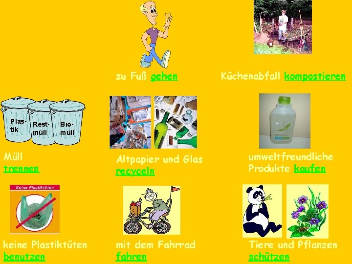 zu Fuß gehen Plas- Resttik müll Küchenabfall kompostieren Biomüll Müll trennen Altpapier und Glas