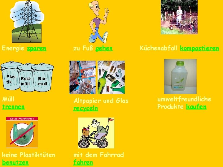 Energie sparen Plas- Resttik müll zu Fuß gehen Küchenabfall kompostieren Biomüll Müll trennen Altpapier