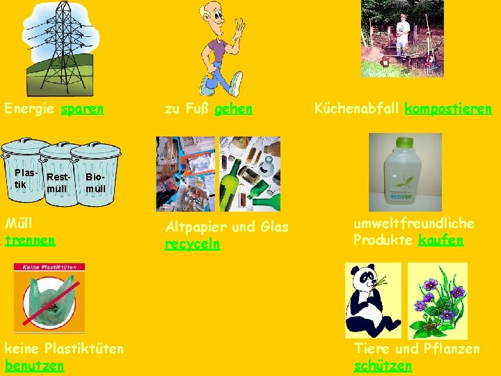 Energie sparen Plas- Resttik müll zu Fuß gehen Küchenabfall kompostieren Biomüll Müll trennen keine
