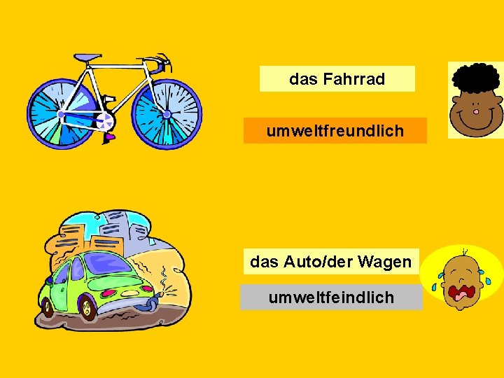 das Fahrrad umweltfreundlich das Auto/der Wagen umweltfeindlich 