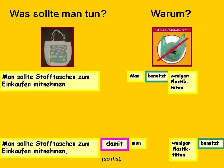 Was sollte man tun? Man sollte Stofftaschen zum Einkaufen mitnehmen, Warum? Man damit (so