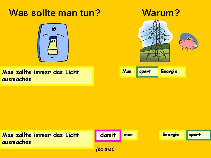 Was sollte man tun? Man sollte immer das Licht ausmachen Warum? Man damit (so