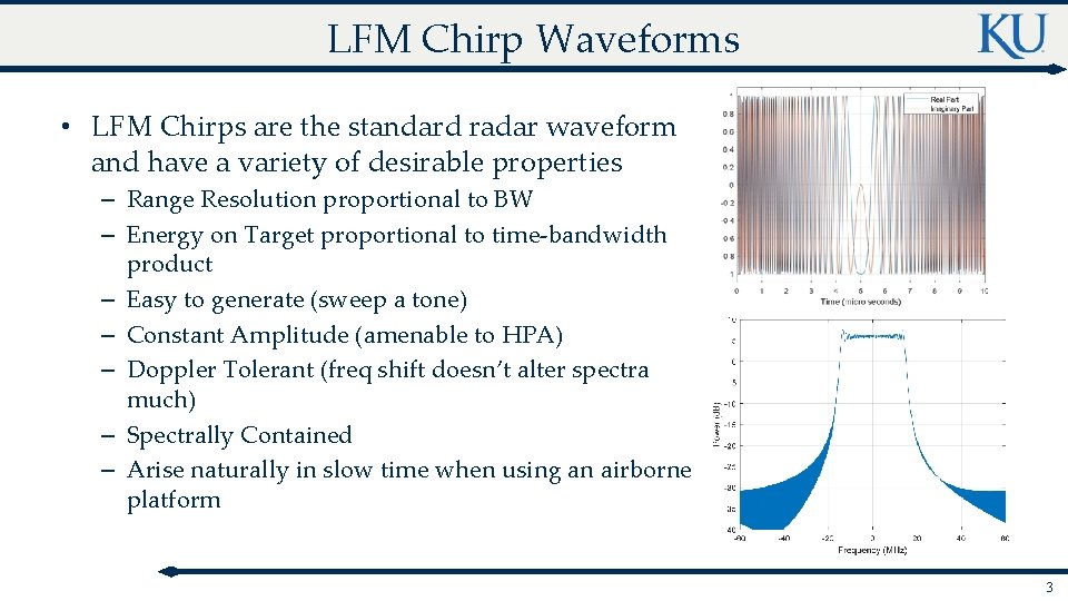 LFM Chirp Waveforms • LFM Chirps are the standard radar waveform and have a