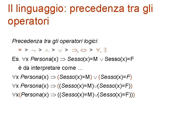 Il linguaggio: precedenza tra gli operatori Precedenza tra gli operatori logici: = > >