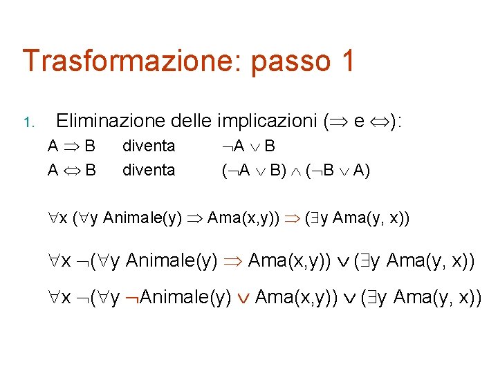 Trasformazione: passo 1 1. Eliminazione delle implicazioni ( e ): A B diventa A