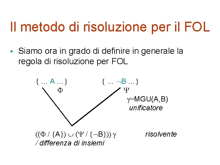 Il metodo di risoluzione per il FOL § Siamo ora in grado di definire