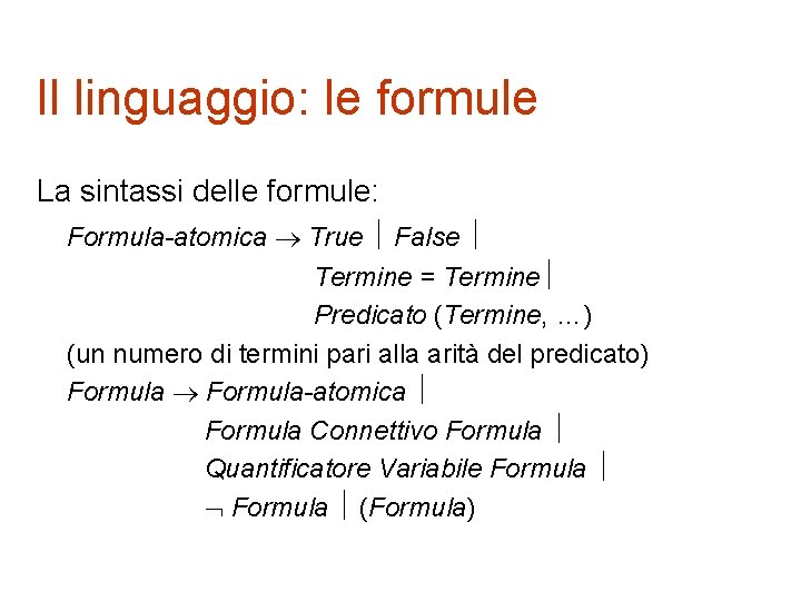 Il linguaggio: le formule La sintassi delle formule: Formula-atomica True False Termine = Termine