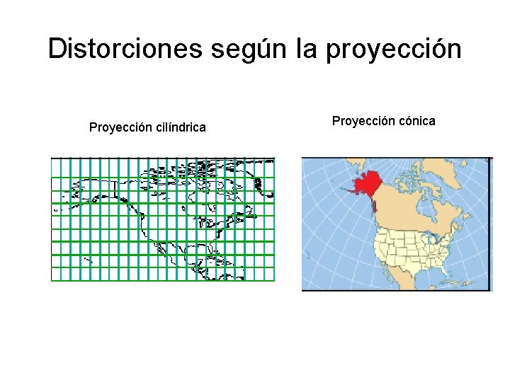 Distorciones según la proyección Proyección cilíndrica Proyección cónica 