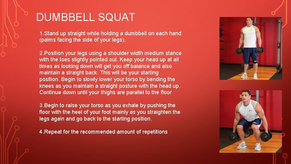 DUMBBELL SQUAT 1. Stand up straight while holding a dumbbell on each hand (palms DUMBBELL SQUAT 1. Stand up straight while holding a dumbbell on each hand (palms