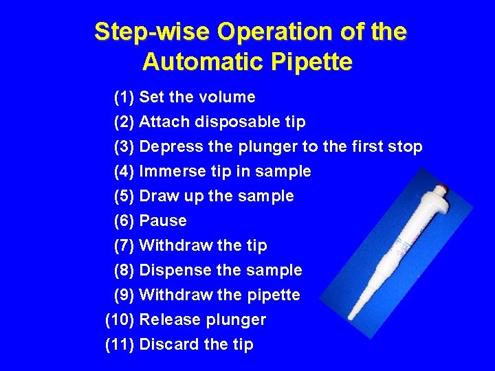 Step-wise Operation of the Automatic Pipette (1) Set the volume (2) Attach disposable tip