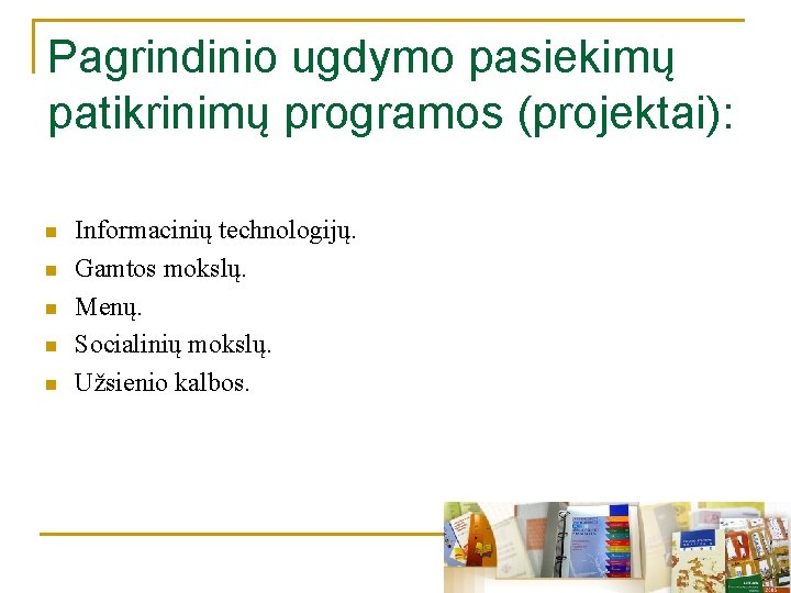 Pagrindinio ugdymo pasiekimų patikrinimų programos (projektai): n n n Informacinių technologijų. Gamtos mokslų. Menų.