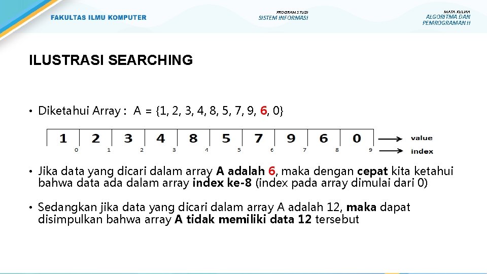 PROGRAM STUDI SISTEM INFORMASI MATA KULIAH ALGORITMA DAN PEMROGRAMAN II ILUSTRASI SEARCHING • Diketahui