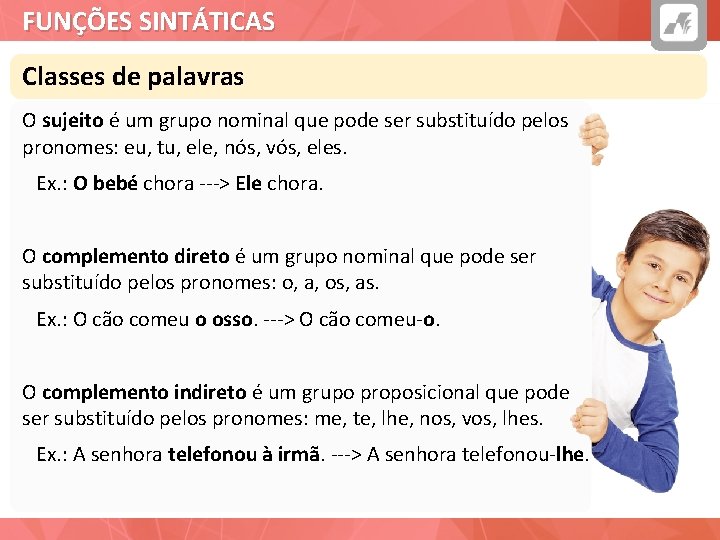 FUNÇÕES SINTÁTICAS Classes de palavras O sujeito é um grupo nominal que pode ser