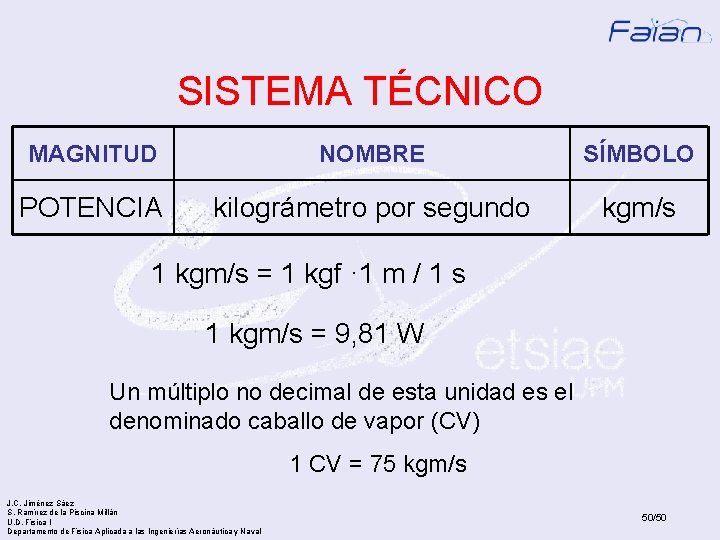 SISTEMA TÉCNICO MAGNITUD NOMBRE SÍMBOLO POTENCIA kilográmetro por segundo kgm/s 1 kgm/s = 1