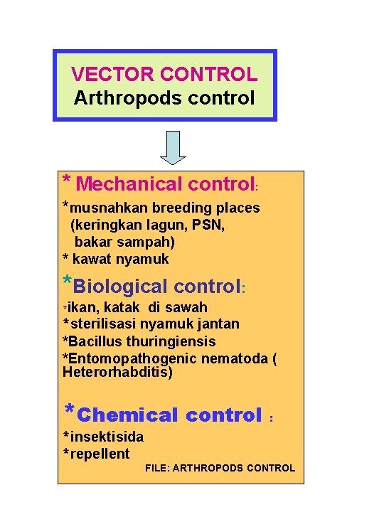 VECTOR CONTROL Arthropods control * Mechanical control: *musnahkan breeding places (keringkan lagun, PSN, bakar